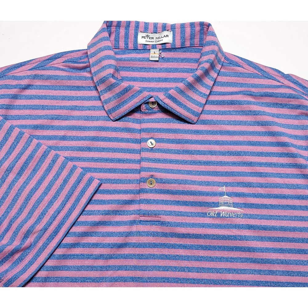 PETER MILLAR Polo Shirt Old Waverly Golf Club Mississippi Large Pink Blue Stripe